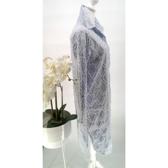 Avec Les Filles Blue Pinstriped Dimond Detail Over Stitch Boho Shirt Dress Small - Picture 5 of 11